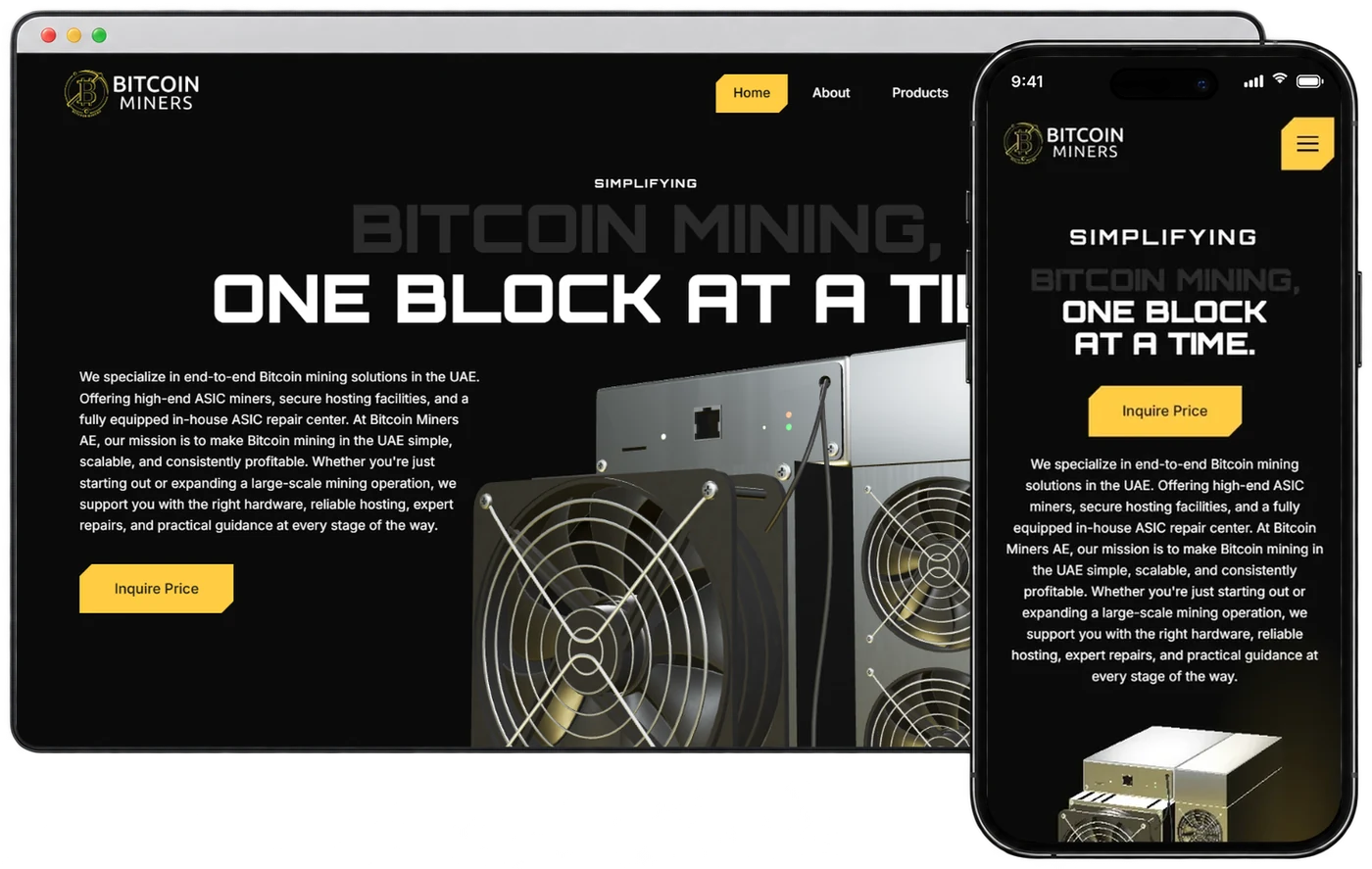 Корпоративний сайт Bitcoin Miners AE на комп'ютері і телефоні