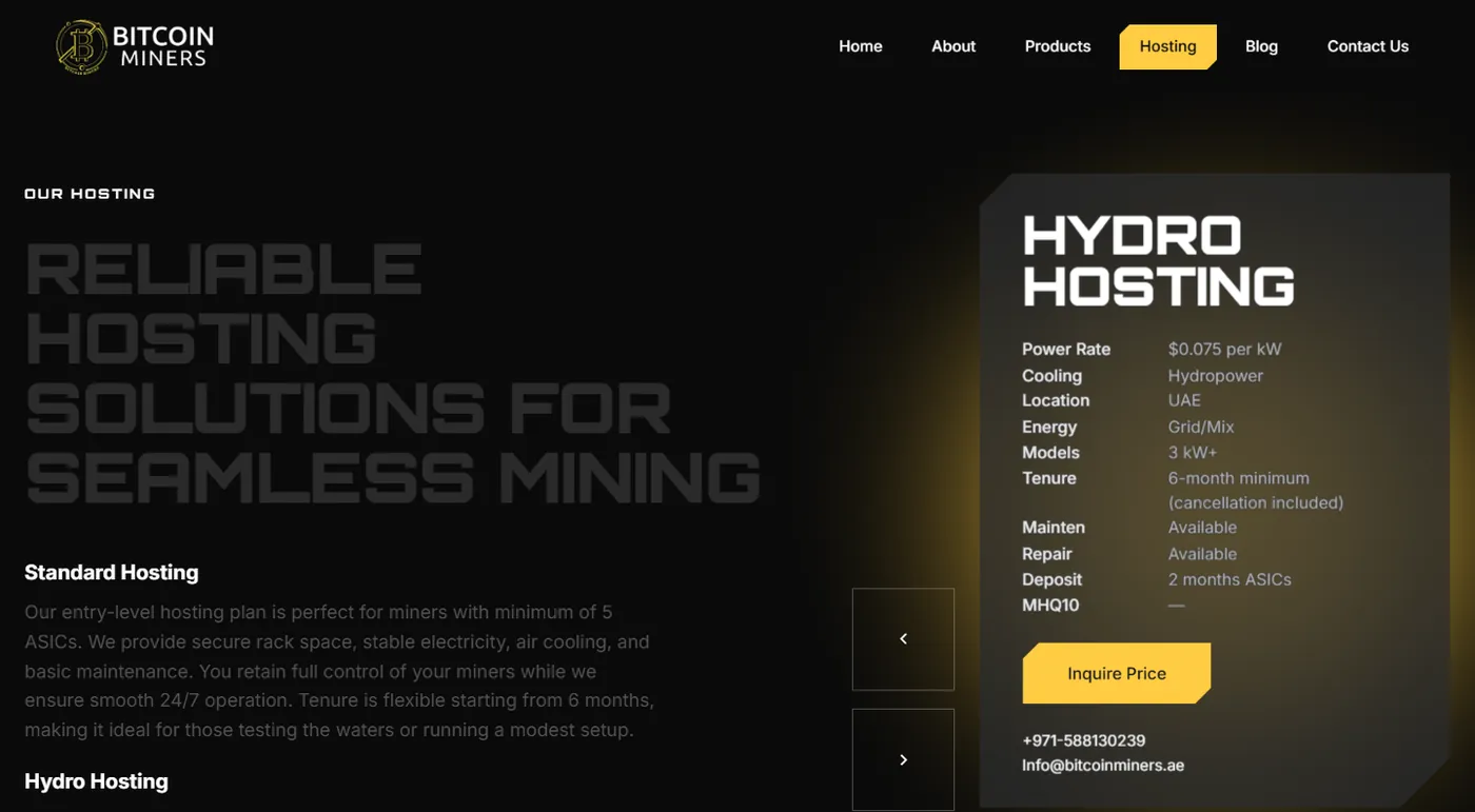 Тарифи хостингу майнерів на сайті Bitcoin Miners AE