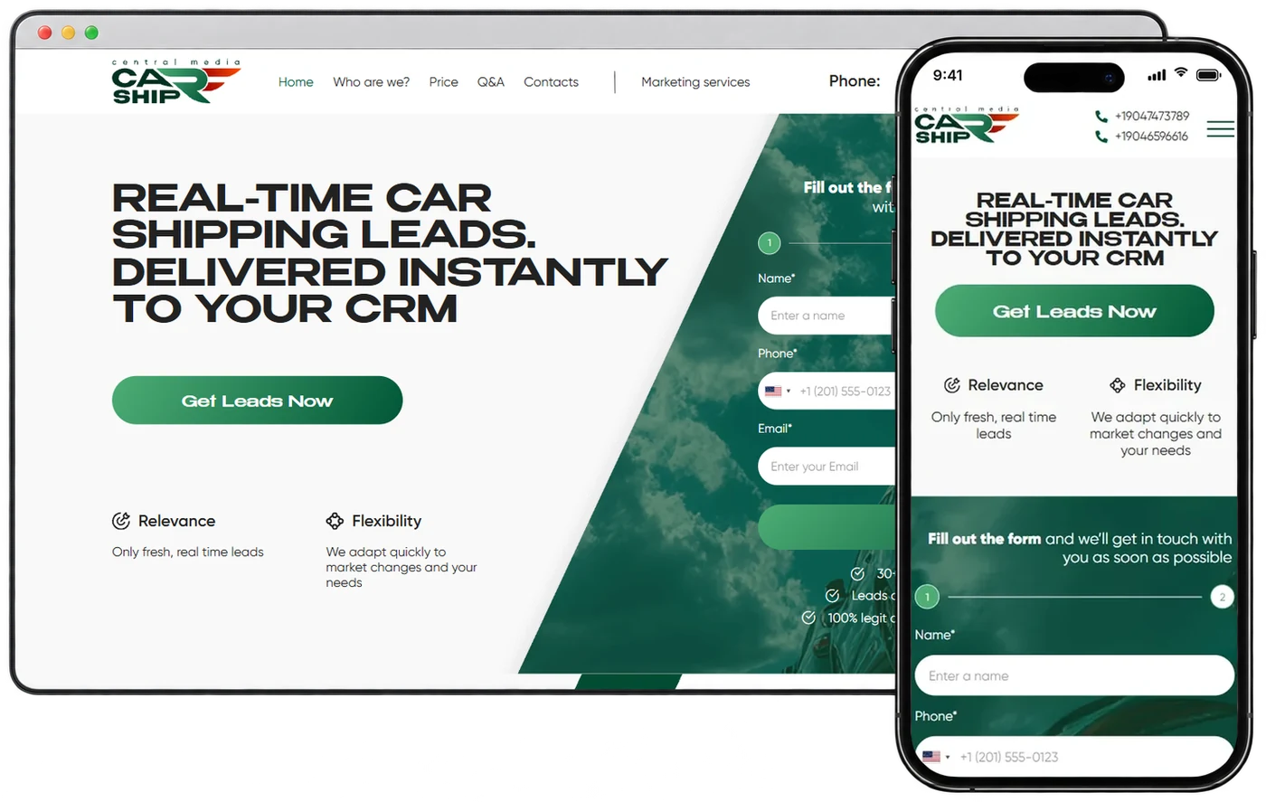 Лендінг CarShip Central на комп'ютері і телефоні