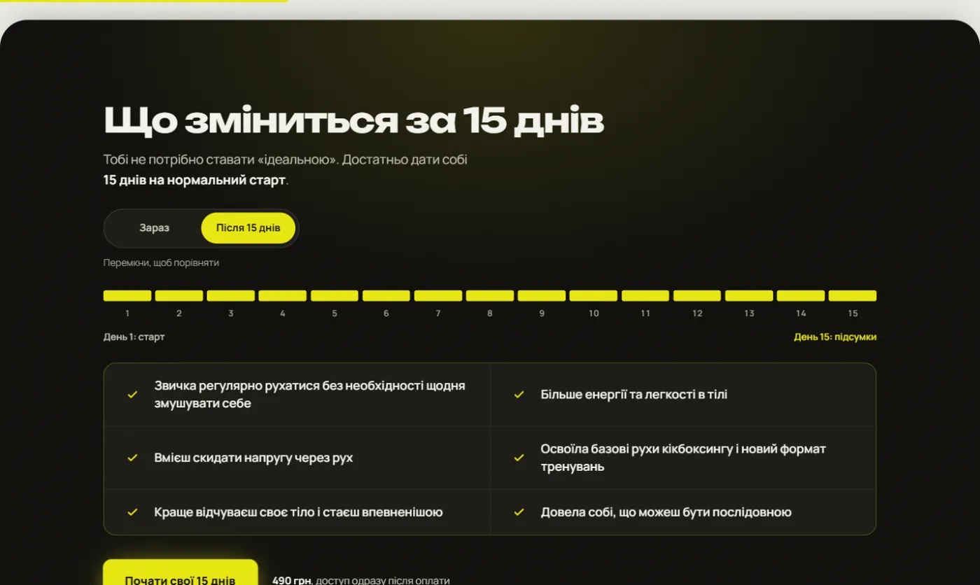 Перемикач порівняння дня 1 і дня 15 на лендінгу FIT KICK