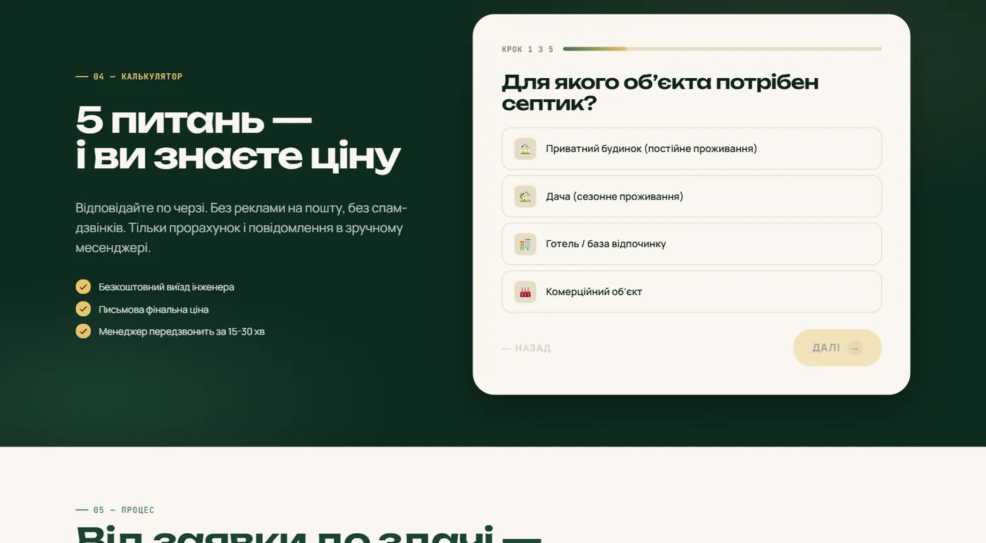 Покроковий калькулятор вартості септика на лендінгу Кільця Септик