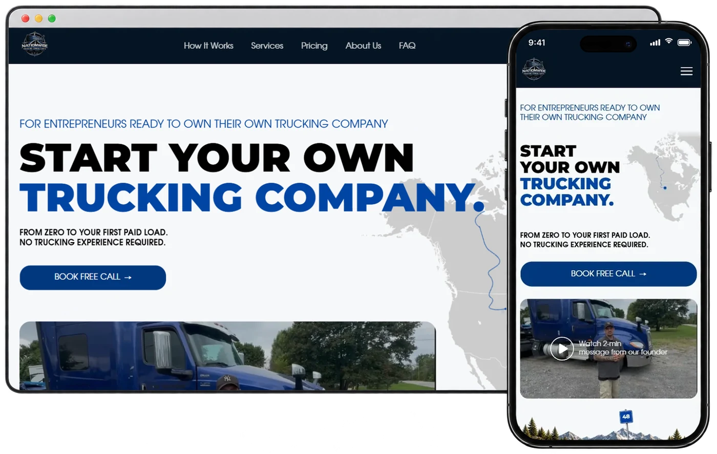 Лендінг Nationwide Trucking Consultants на комп'ютері і телефоні