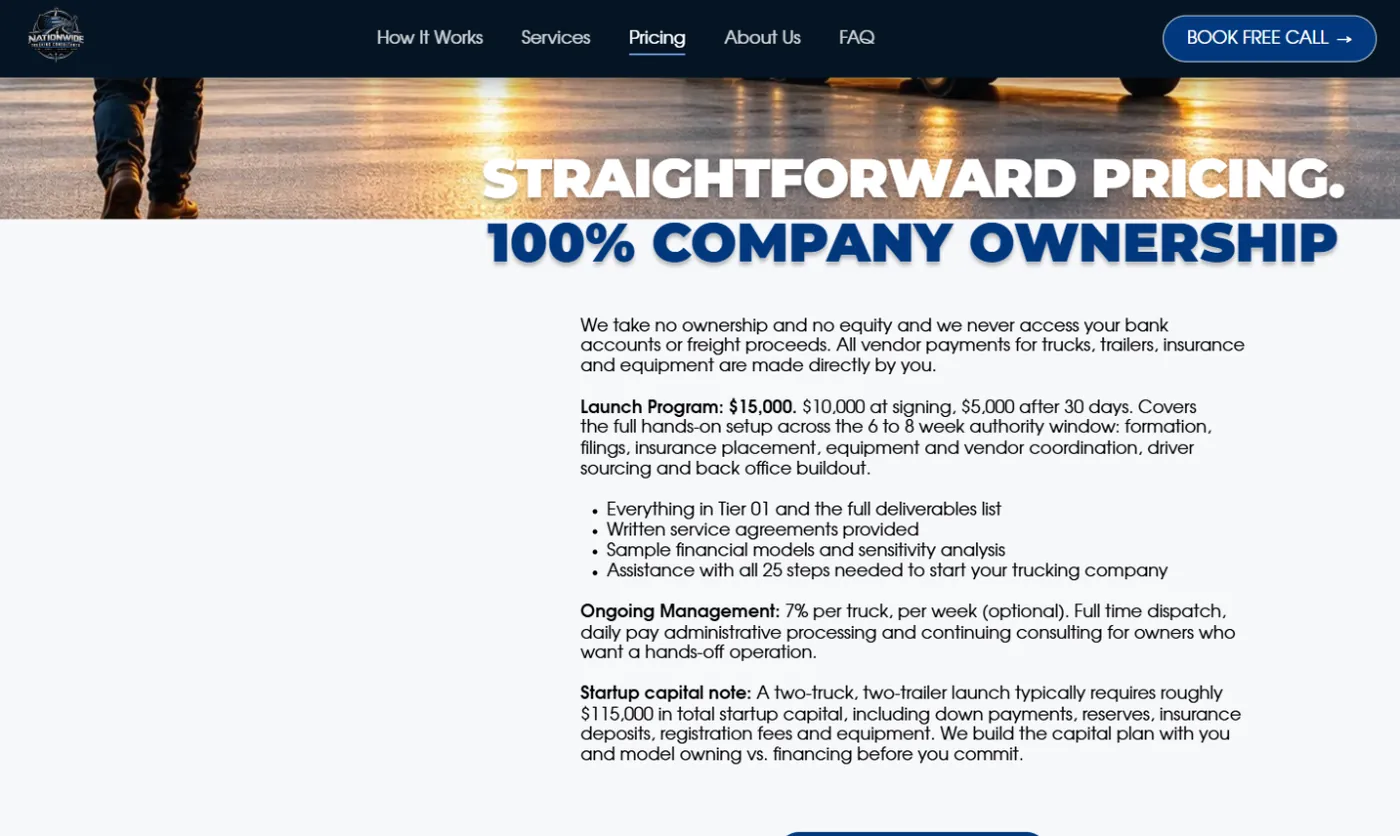 Блок цін на лендінгу Nationwide Trucking Consultants