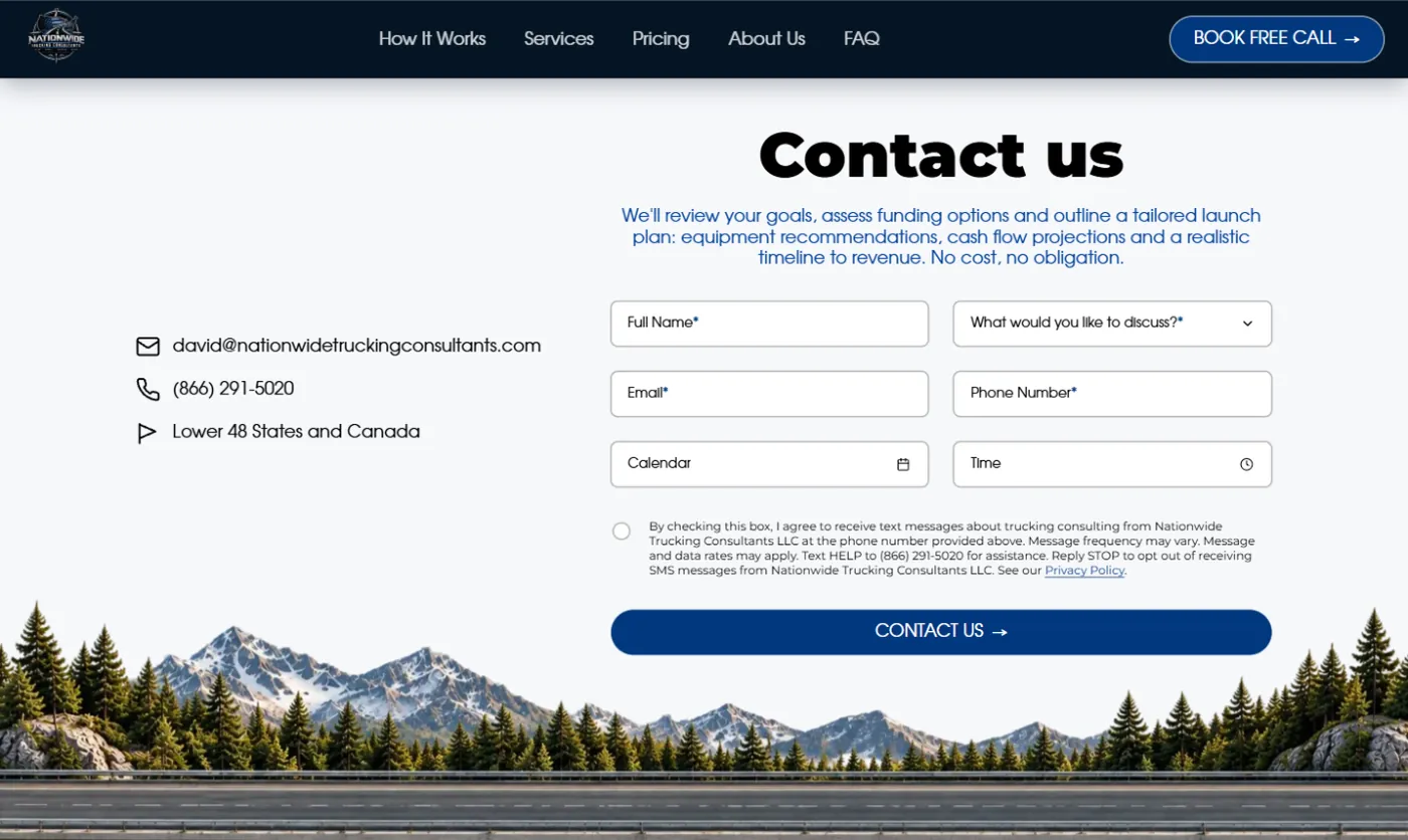 Форма запису на дзвінок на лендінгу Nationwide Trucking Consultants