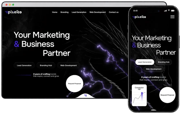 Корпоративний сайт Pixelco на комп'ютері і телефоні