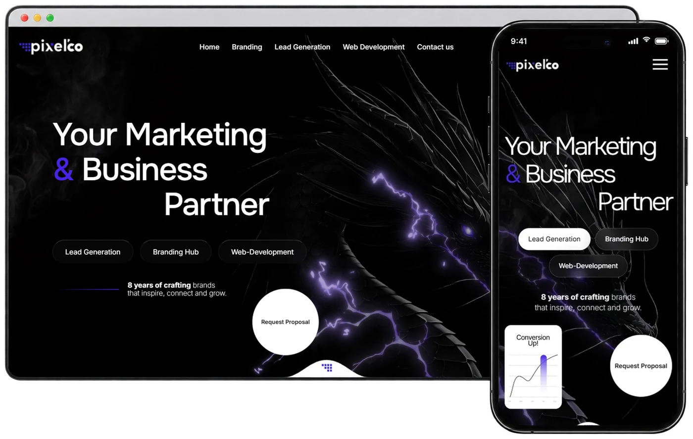 Корпоративний сайт Pixelco на комп'ютері і телефоні