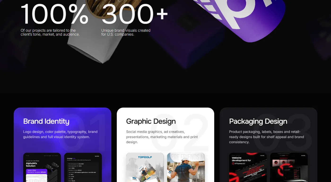 Сторінка Branding Hub з переліком робіт на сайті Pixelco