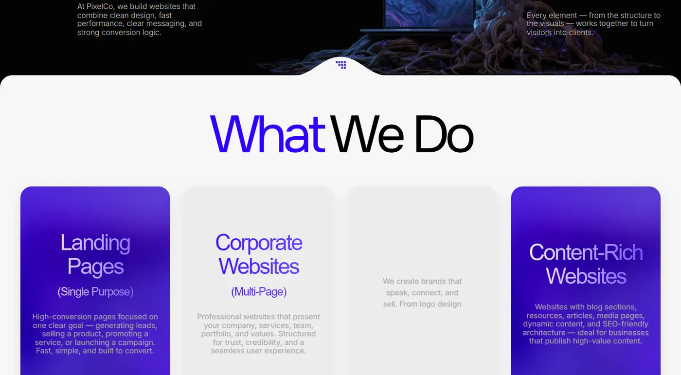 Сторінка веб-розробки з видами сайтів і питаннями на сайті Pixelco