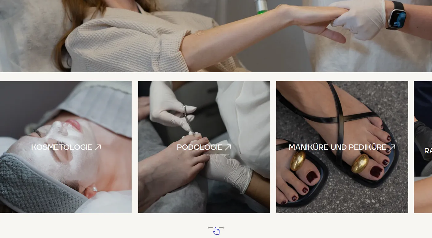 Перший екран сайту RAK Beauty з кнопками напрямів