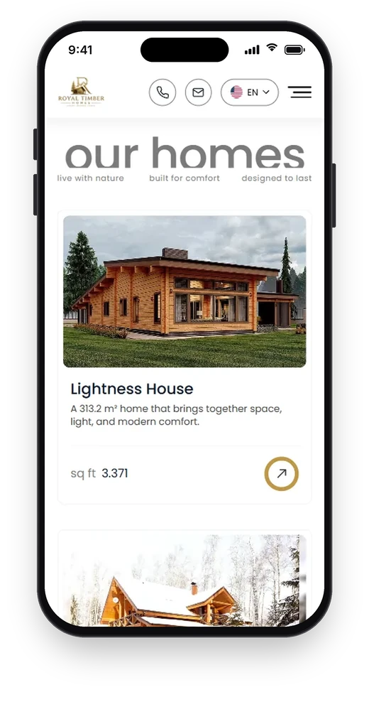 Royal Timber, каталог будинків на телефоні