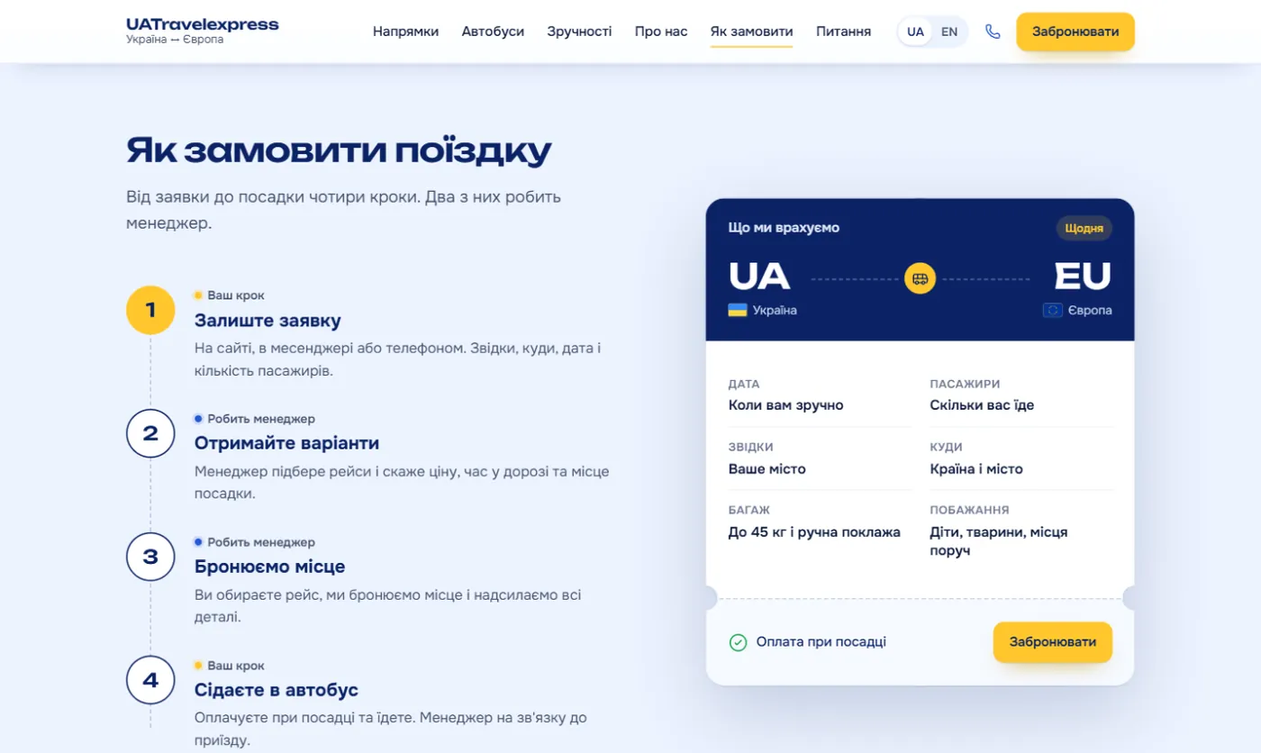 Кроки бронювання і особистий менеджер на лендінгу UATravelexpress