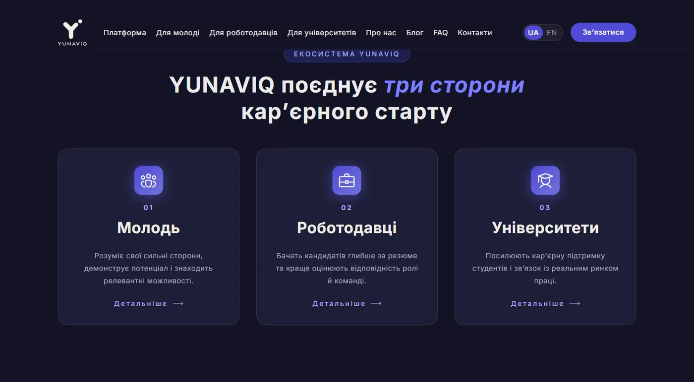 Розділи для молоді, роботодавців і університетів на сайті YUNAVIQ